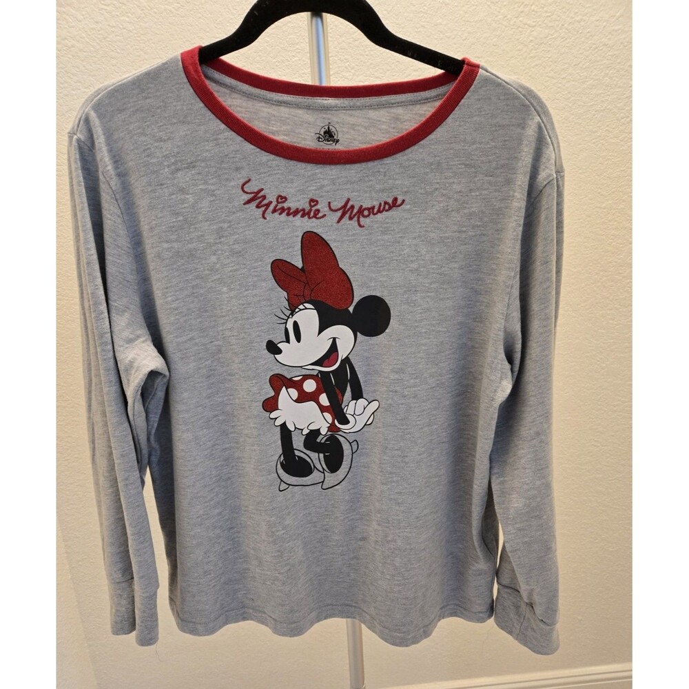 Disney Minnie Mouse Long Sleeve Ringer Shirt Womens M Grey Red Sparkle Graphic
